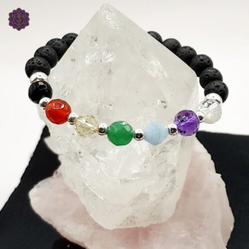 Sterling silver feature beads with facetted crystals representing the chakra system and lava beads used to infuse essential oils bracelet